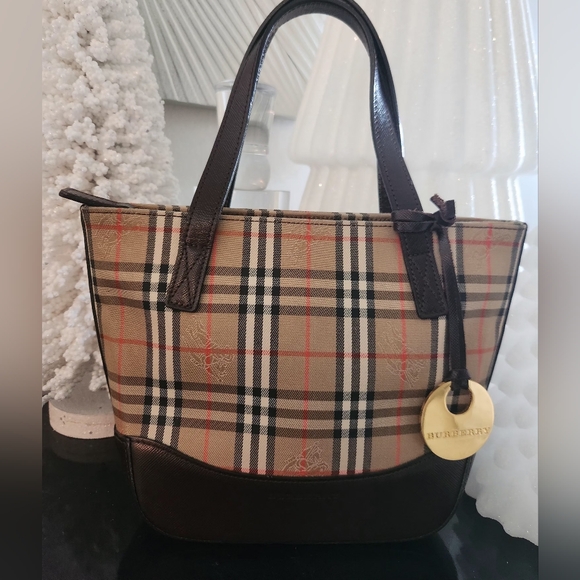 Burberry | Haymarket Check Printed Brown Leather Trim Mini Handle Bag-Like new! - Picture 9 of 15